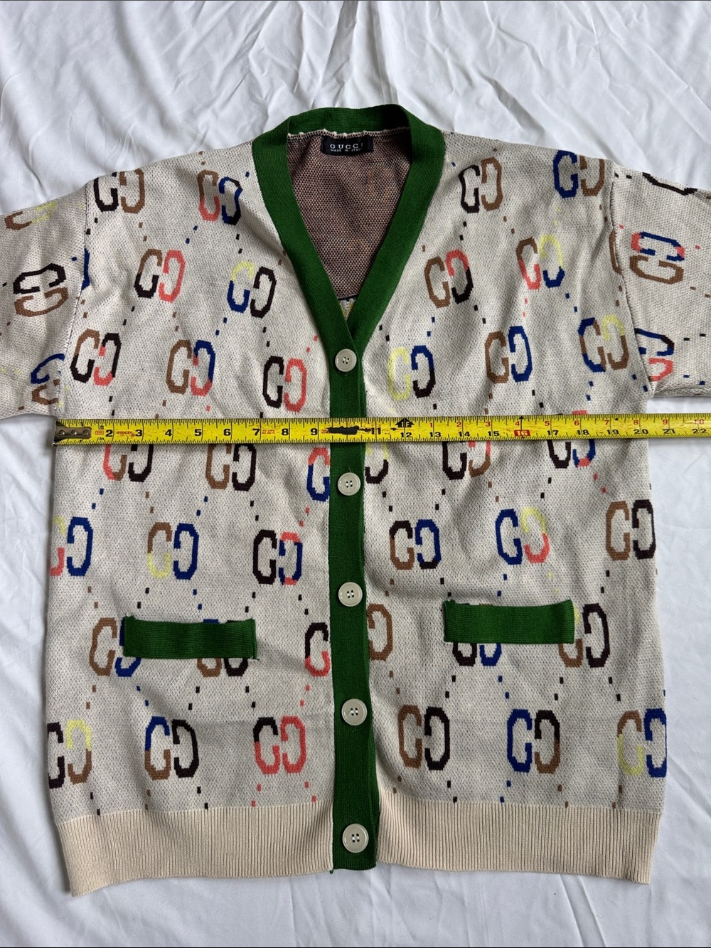Gucci like Beige Cardigan with Green Trim and GG Motif with Tiger - Picture 3 of 7